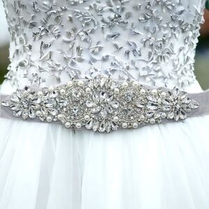 Rhinestone Pearl Beaded Bride Bridal Belt Wedding Dress Sash White Long Plus NWT